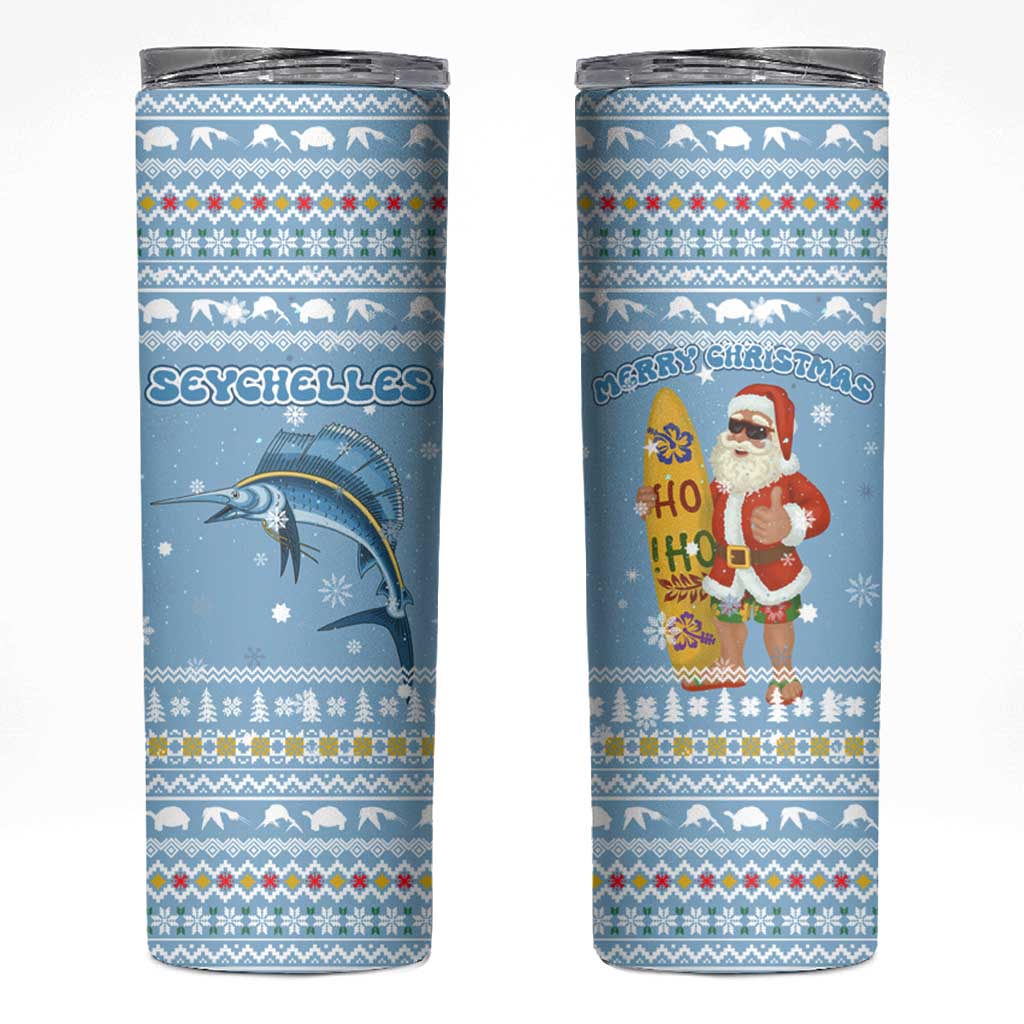 Seychelles Christmas Skinny Tumbler with Ocean Blue Pattern, Marlin Fish Artwork, and Surfing Santa Motif - Wonder Print Shop
