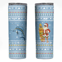 Seychelles Christmas Skinny Tumbler with Ocean Blue Pattern, Marlin Fish Artwork, and Surfing Santa Motif - Wonder Print Shop