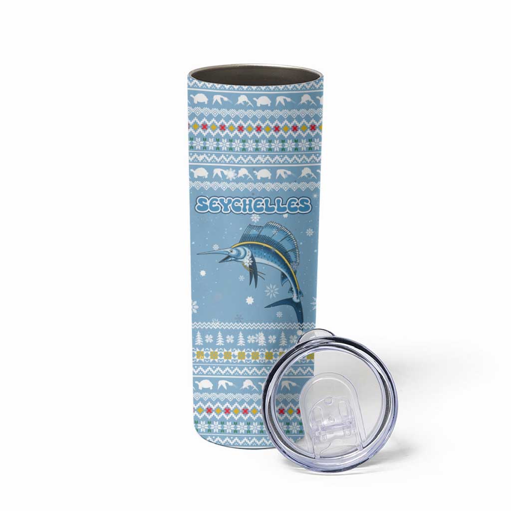 Seychelles Christmas Skinny Tumbler with Ocean Blue Pattern, Marlin Fish Artwork, and Surfing Santa Motif - Wonder Print Shop