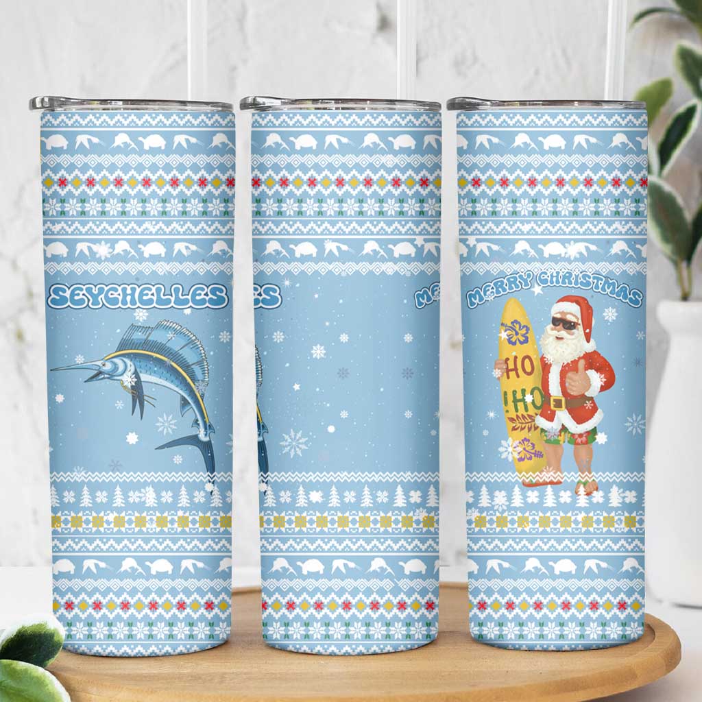 Seychelles Christmas Skinny Tumbler with Ocean Blue Pattern, Marlin Fish Artwork, and Surfing Santa Motif - Wonder Print Shop
