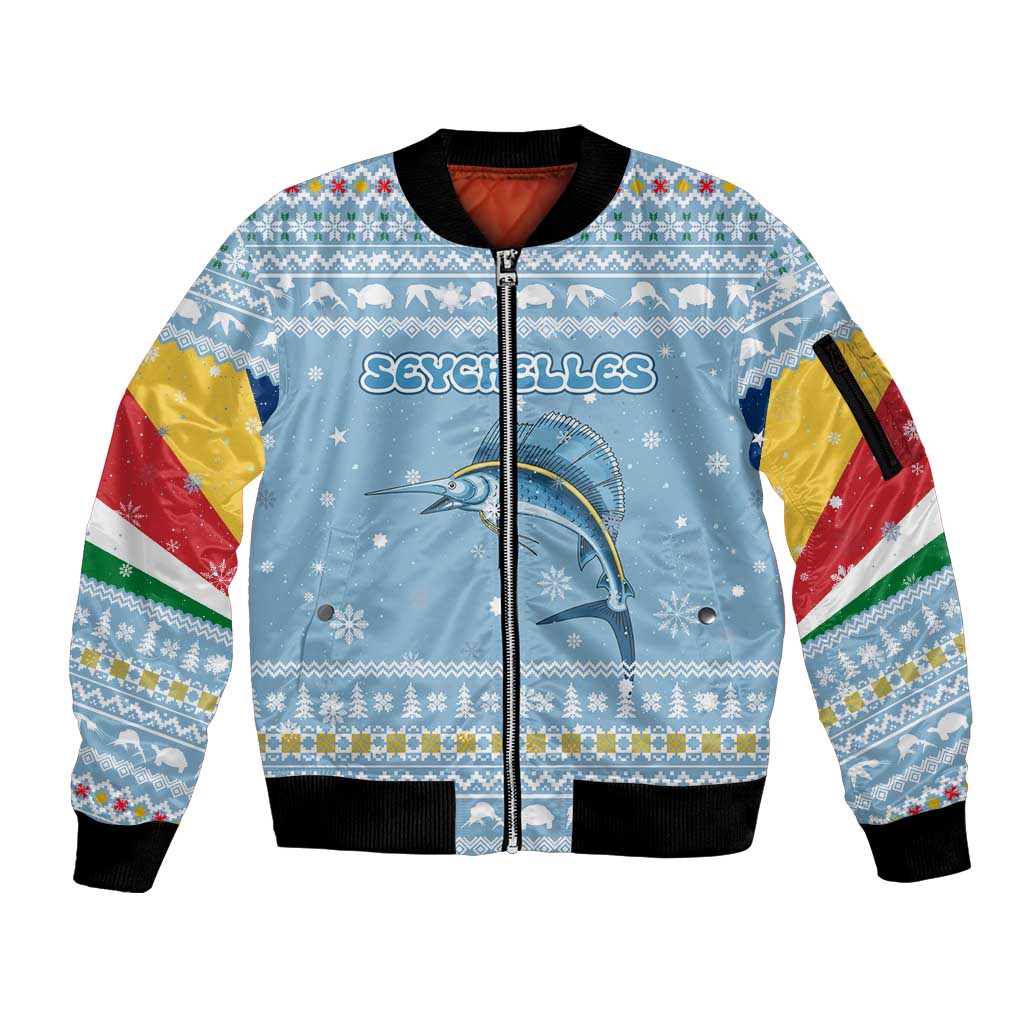 Seychelles Christmas Sleeve Zip Bomber Jacket with Ocean Blue Pattern, Marlin Fish Artwork, and Surfing Santa Motif - Wonder Print Shop