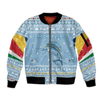 Seychelles Christmas Sleeve Zip Bomber Jacket with Ocean Blue Pattern, Marlin Fish Artwork, and Surfing Santa Motif - Wonder Print Shop