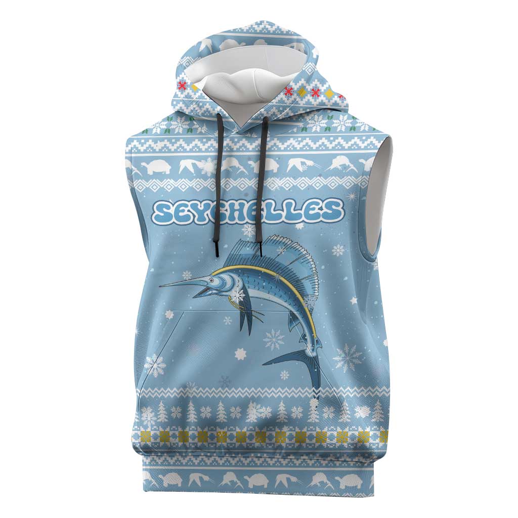Seychelles Christmas Sleeveless Hoodie with Ocean Blue Pattern, Marlin Fish Artwork, and Surfing Santa Motif - Wonder Print Shop