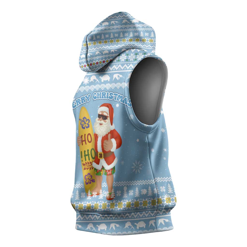Seychelles Christmas Sleeveless Hoodie with Ocean Blue Pattern, Marlin Fish Artwork, and Surfing Santa Motif - Wonder Print Shop