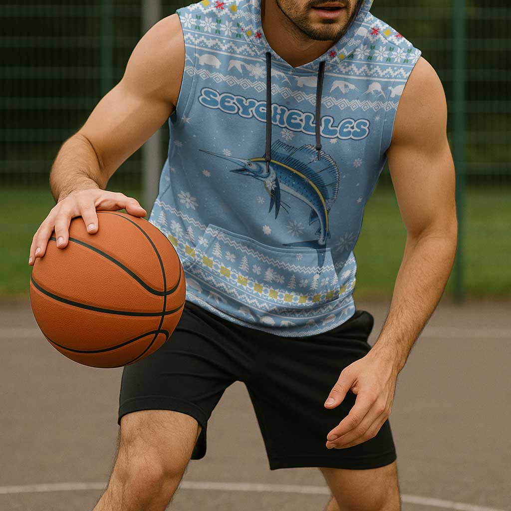 Seychelles Christmas Sleeveless Hoodie with Ocean Blue Pattern, Marlin Fish Artwork, and Surfing Santa Motif - Wonder Print Shop