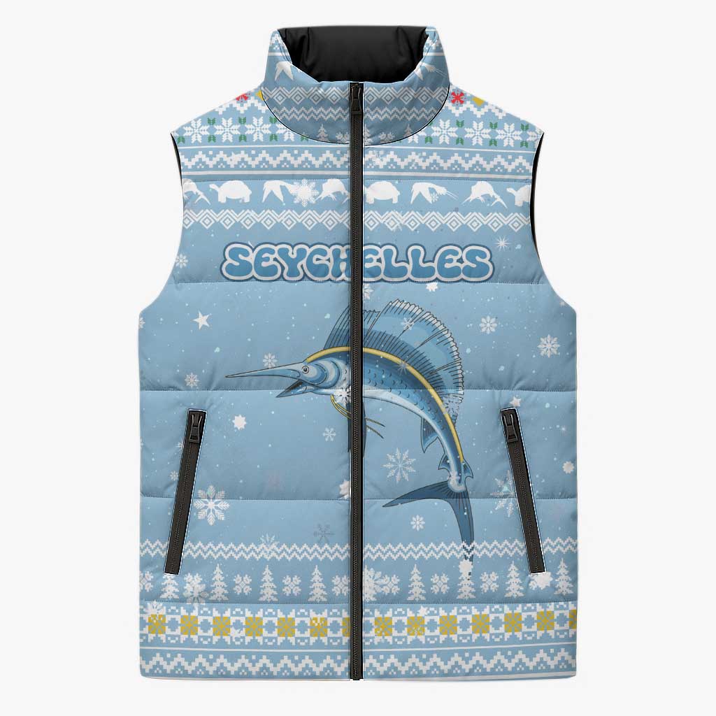Seychelles Christmas Sleeveless Puffer Jacket with Ocean Blue Pattern, Marlin Fish Artwork, and Surfing Santa Motif - Wonder Print Shop