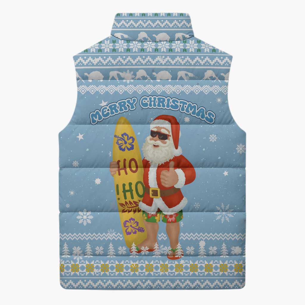 Seychelles Christmas Sleeveless Puffer Jacket with Ocean Blue Pattern, Marlin Fish Artwork, and Surfing Santa Motif - Wonder Print Shop