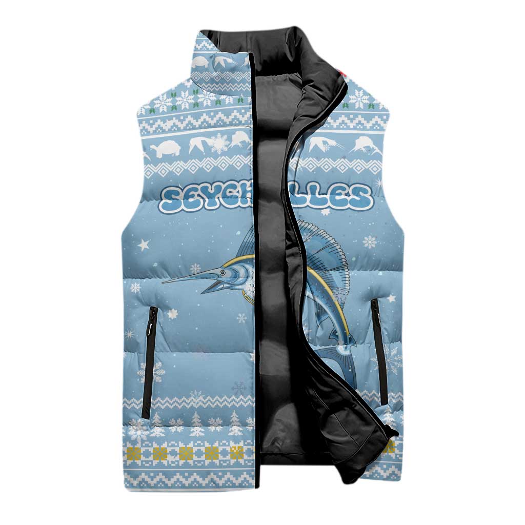 Seychelles Christmas Sleeveless Puffer Jacket with Ocean Blue Pattern, Marlin Fish Artwork, and Surfing Santa Motif - Wonder Print Shop