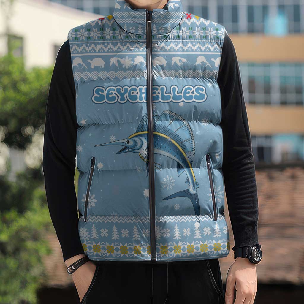 Seychelles Christmas Sleeveless Puffer Jacket with Ocean Blue Pattern, Marlin Fish Artwork, and Surfing Santa Motif - Wonder Print Shop