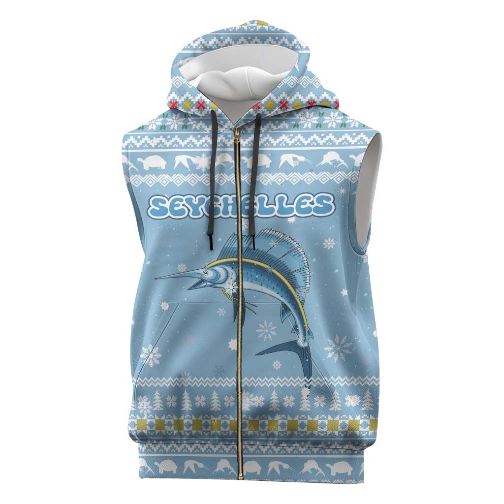 Seychelles Christmas Sleeveless Zip Hoodie with Ocean Blue Pattern, Marlin Fish Artwork, and Surfing Santa Motif - Wonder Print Shop