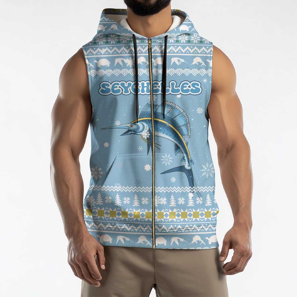 Seychelles Christmas Sleeveless Zip Hoodie with Ocean Blue Pattern, Marlin Fish Artwork, and Surfing Santa Motif - Wonder Print Shop