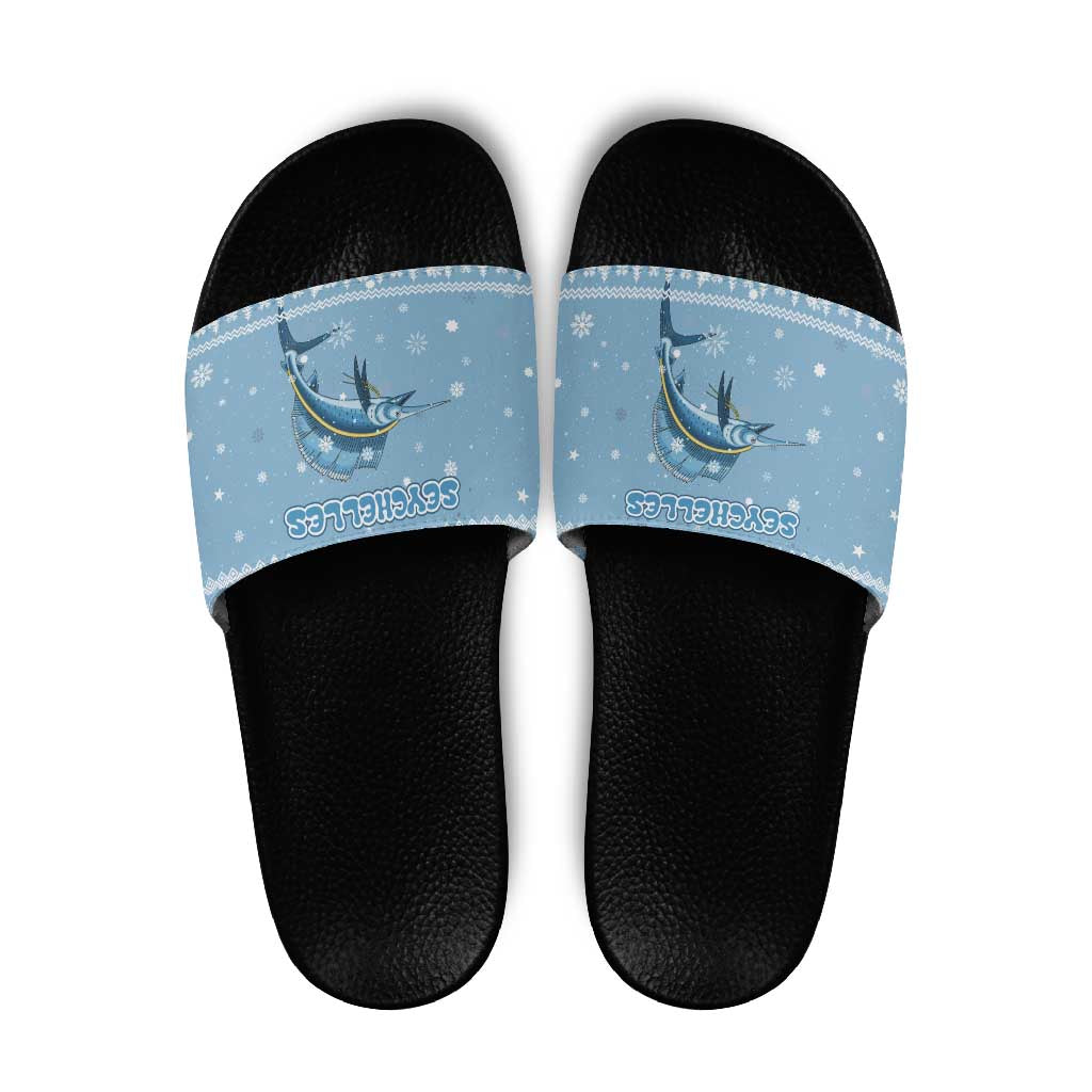 Seychelles Christmas Slide Sandals with Ocean Blue Pattern, Marlin Fish Artwork, and Surfing Santa Motif - Wonder Print Shop