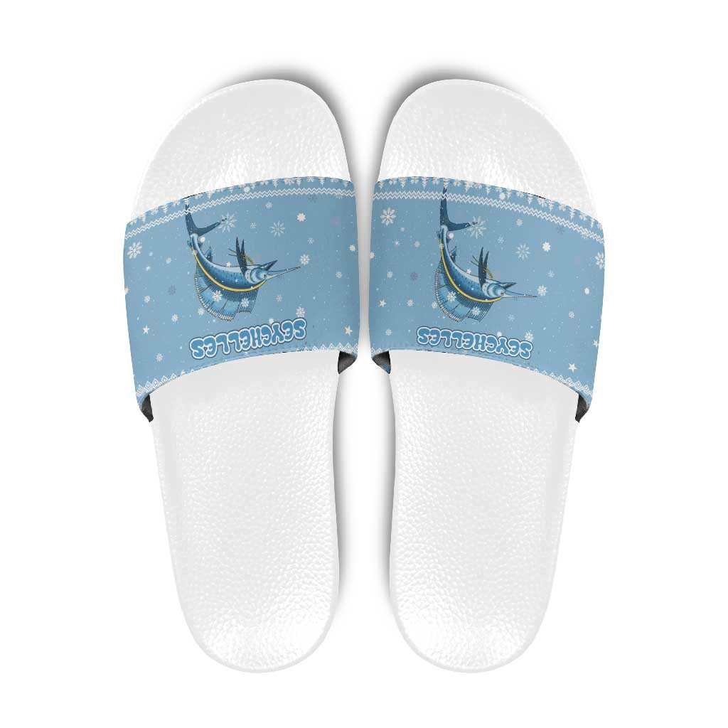 Seychelles Christmas Slide Sandals with Ocean Blue Pattern, Marlin Fish Artwork, and Surfing Santa Motif - Wonder Print Shop