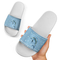 Seychelles Christmas Slide Sandals with Ocean Blue Pattern, Marlin Fish Artwork, and Surfing Santa Motif - Wonder Print Shop