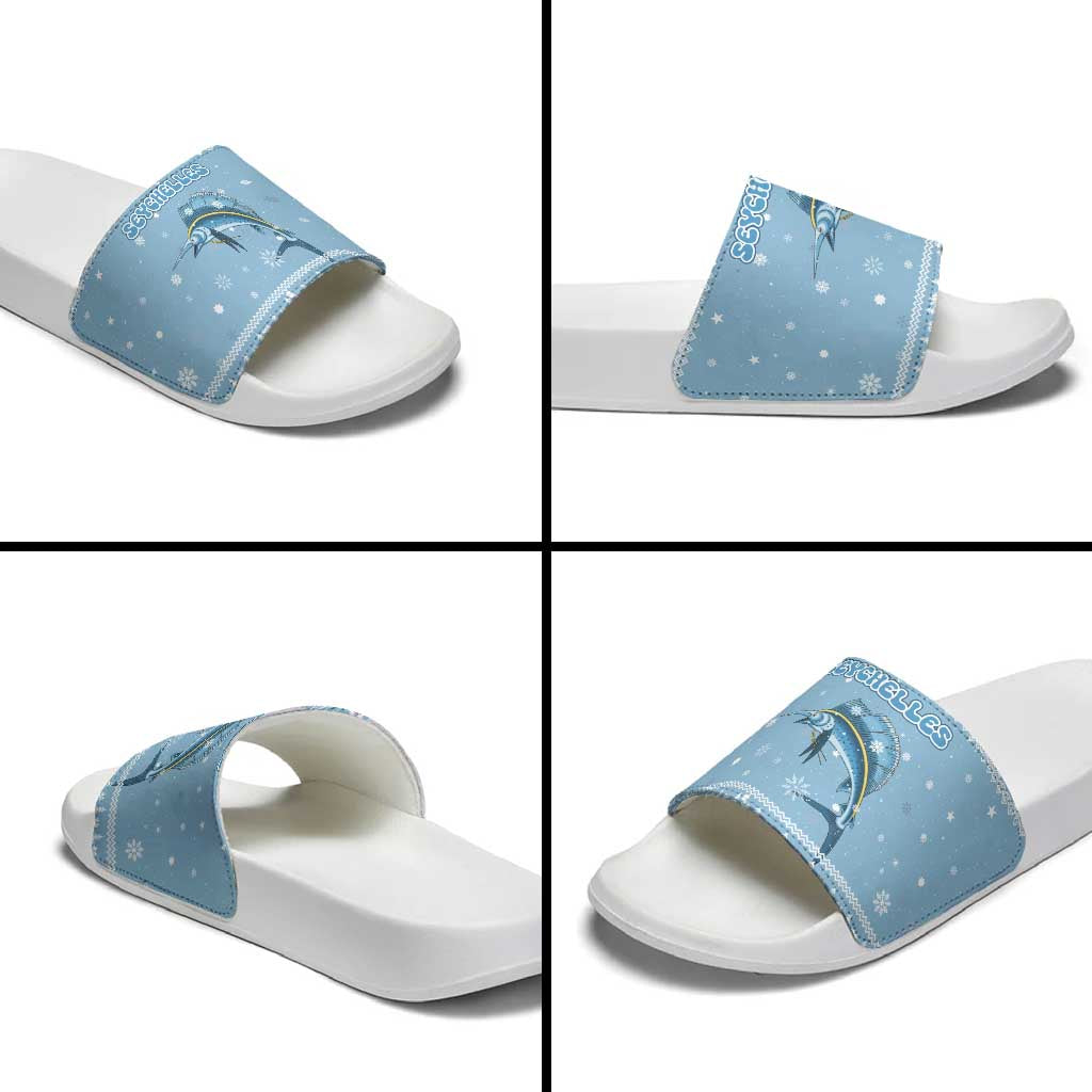 Seychelles Christmas Slide Sandals with Ocean Blue Pattern, Marlin Fish Artwork, and Surfing Santa Motif - Wonder Print Shop