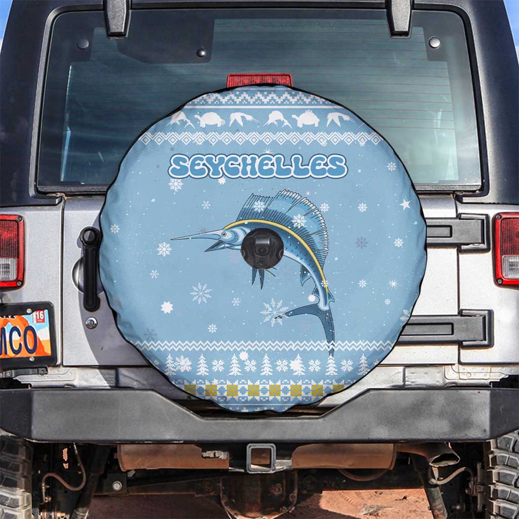 Seychelles Christmas Spare Tire Cover with Ocean Blue Pattern, Marlin Fish Artwork, and Surfing Santa Motif - Wonder Print Shop