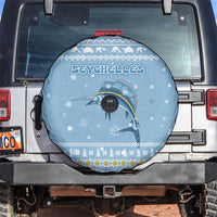 Seychelles Christmas Spare Tire Cover with Ocean Blue Pattern, Marlin Fish Artwork, and Surfing Santa Motif - Wonder Print Shop