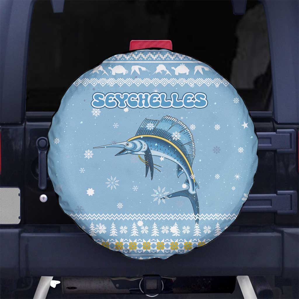 Seychelles Christmas Spare Tire Cover with Ocean Blue Pattern, Marlin Fish Artwork, and Surfing Santa Motif - Wonder Print Shop