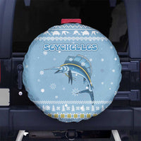Seychelles Christmas Spare Tire Cover with Ocean Blue Pattern, Marlin Fish Artwork, and Surfing Santa Motif - Wonder Print Shop