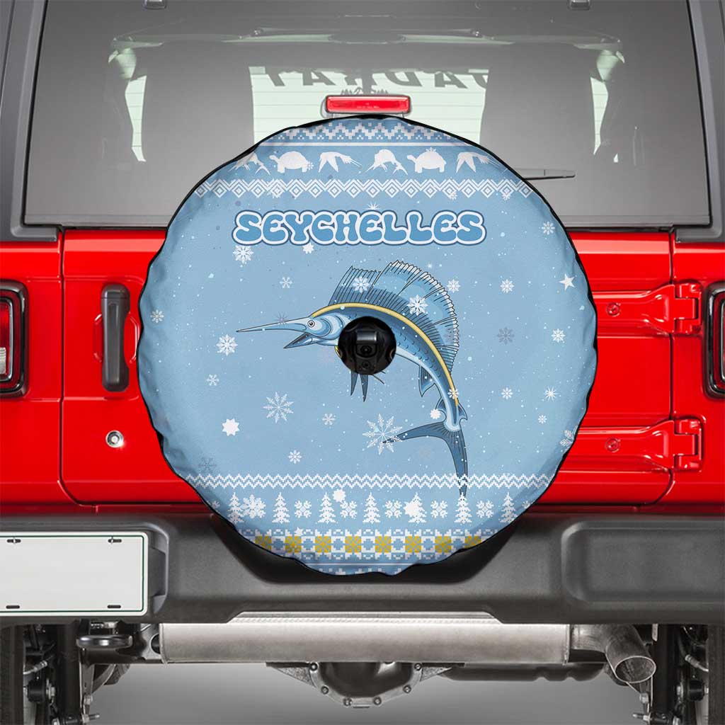 Seychelles Christmas Spare Tire Cover with Ocean Blue Pattern, Marlin Fish Artwork, and Surfing Santa Motif - Wonder Print Shop