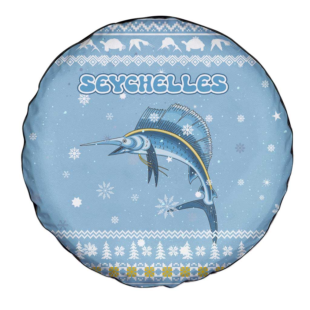 Seychelles Christmas Spare Tire Cover with Ocean Blue Pattern, Marlin Fish Artwork, and Surfing Santa Motif - Wonder Print Shop