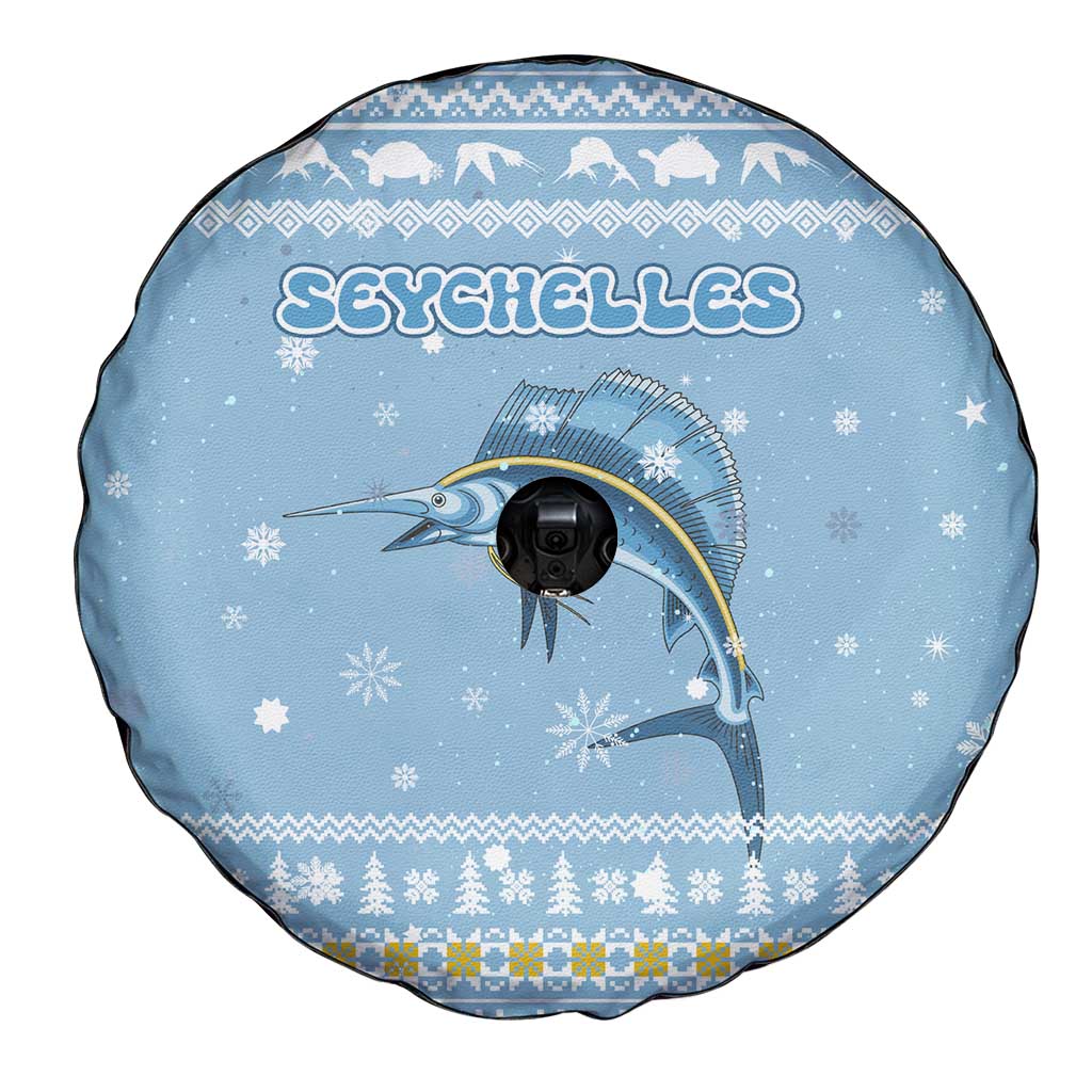 Seychelles Christmas Spare Tire Cover with Ocean Blue Pattern, Marlin Fish Artwork, and Surfing Santa Motif - Wonder Print Shop
