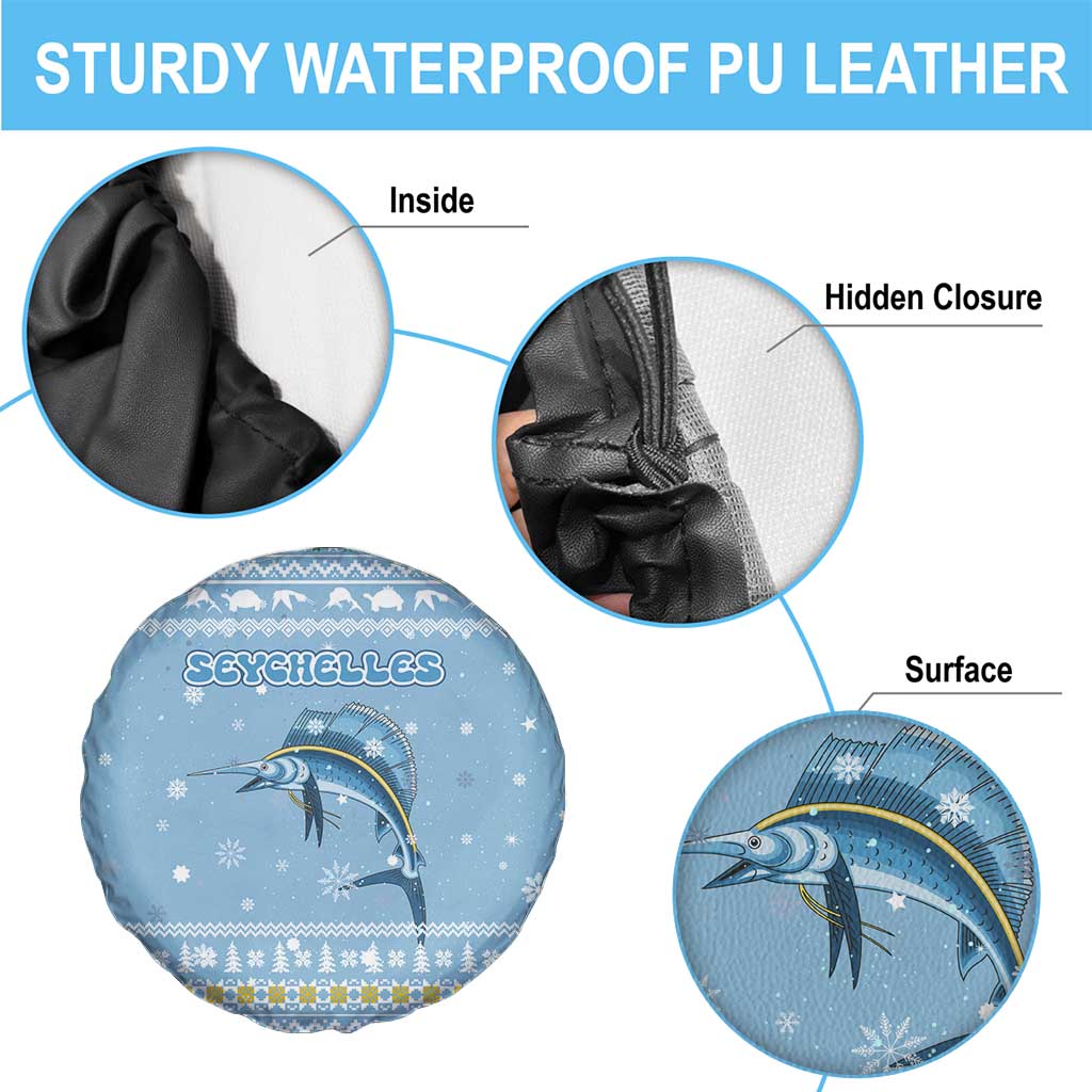 Seychelles Christmas Spare Tire Cover with Ocean Blue Pattern, Marlin Fish Artwork, and Surfing Santa Motif - Wonder Print Shop