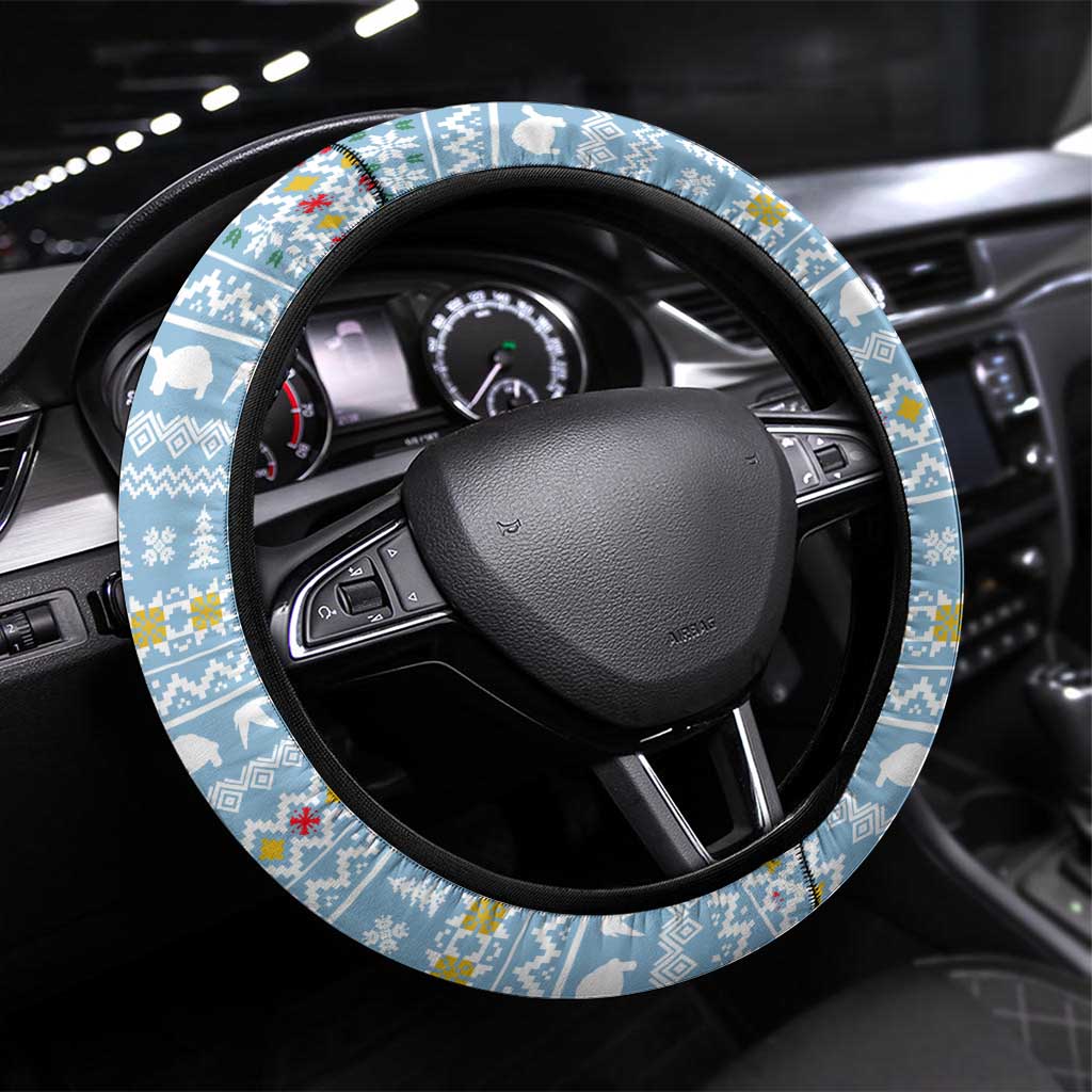 Seychelles Christmas Steering Wheel Cover with Ocean Blue Pattern, Marlin Fish Artwork, and Surfing Santa Motif - Wonder Print Shop