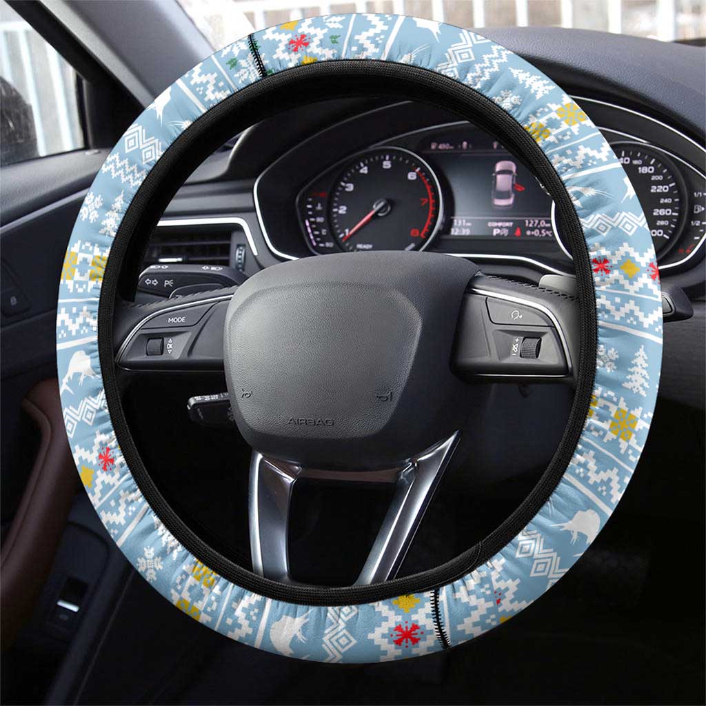 Seychelles Christmas Steering Wheel Cover with Ocean Blue Pattern, Marlin Fish Artwork, and Surfing Santa Motif - Wonder Print Shop