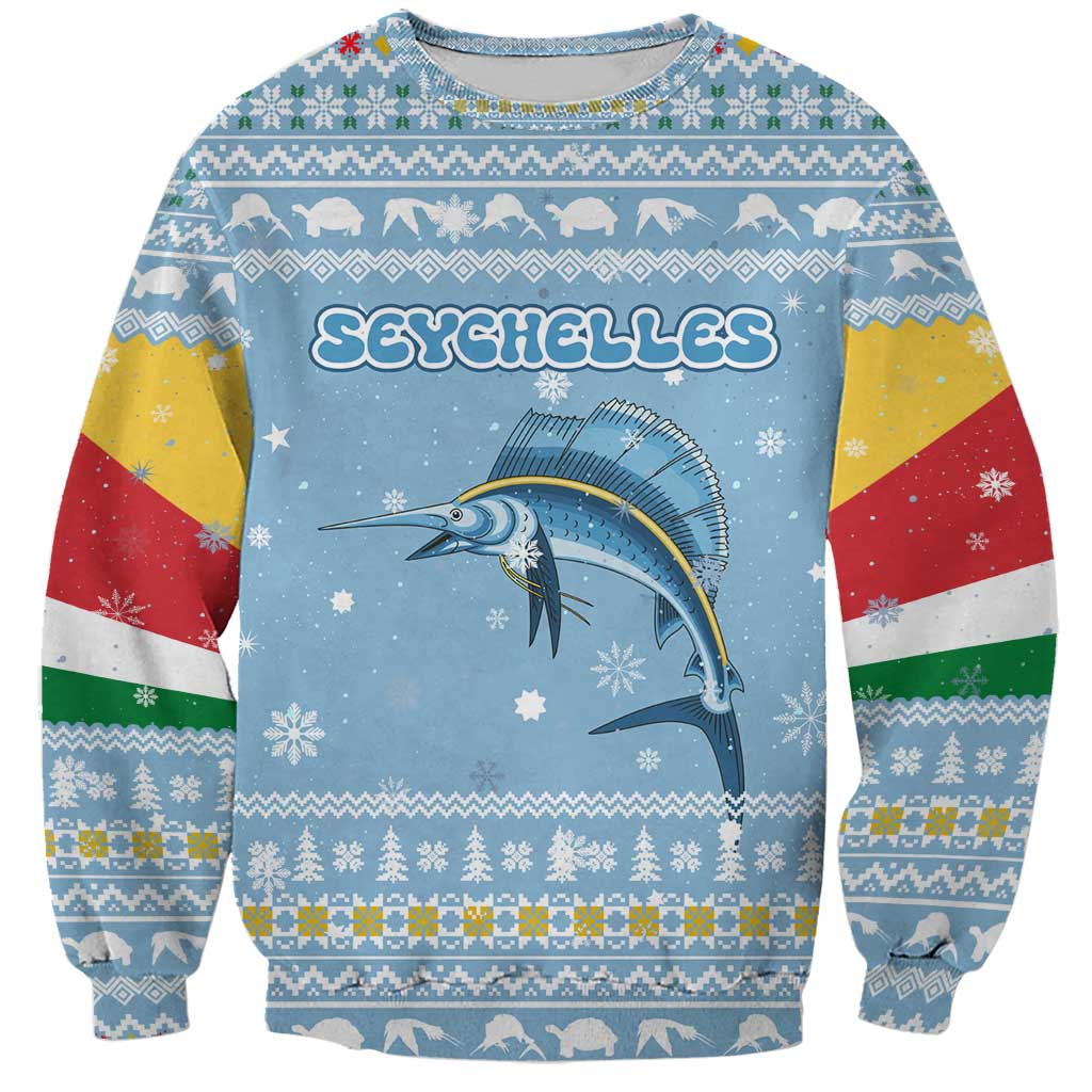 Seychelles Christmas Sweatshirt with Ocean Blue Pattern, Marlin Fish Artwork, and Surfing Santa Motif - Wonder Print Shop