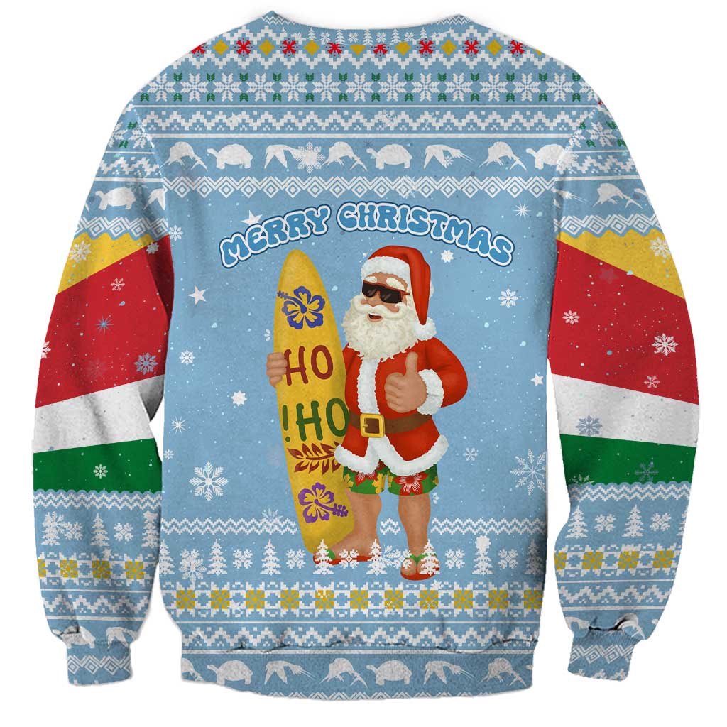 Seychelles Christmas Sweatshirt with Ocean Blue Pattern, Marlin Fish Artwork, and Surfing Santa Motif - Wonder Print Shop