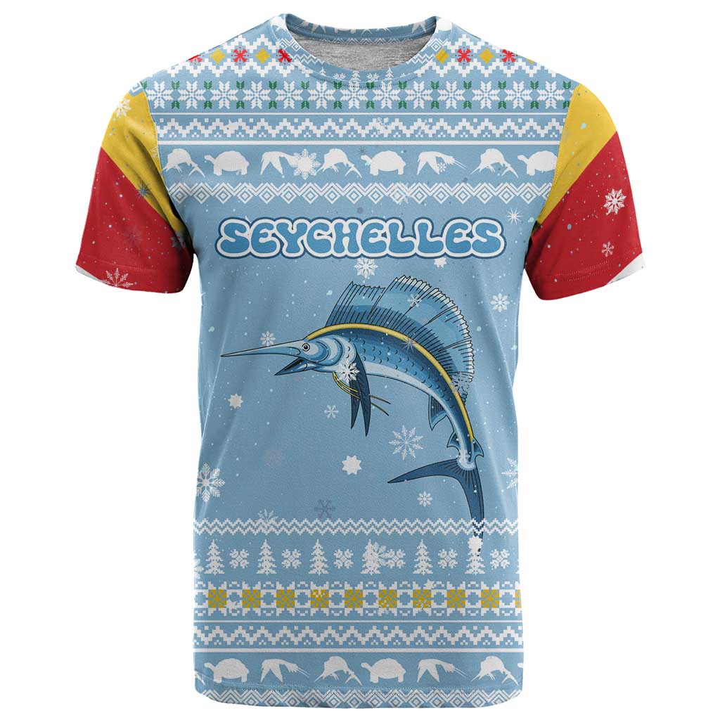 Seychelles Christmas T Shirt with Ocean Blue Pattern, Marlin Fish Artwork, and Surfing Santa Motif - Wonder Print Shop