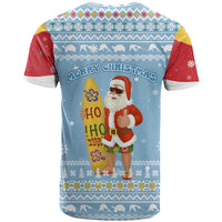 Seychelles Christmas T Shirt with Ocean Blue Pattern, Marlin Fish Artwork, and Surfing Santa Motif - Wonder Print Shop