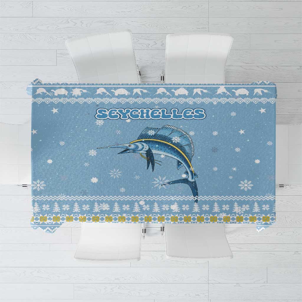 Seychelles Christmas Tablecloth with Ocean Blue Pattern, Marlin Fish Artwork, and Surfing Santa Motif - Wonder Print Shop