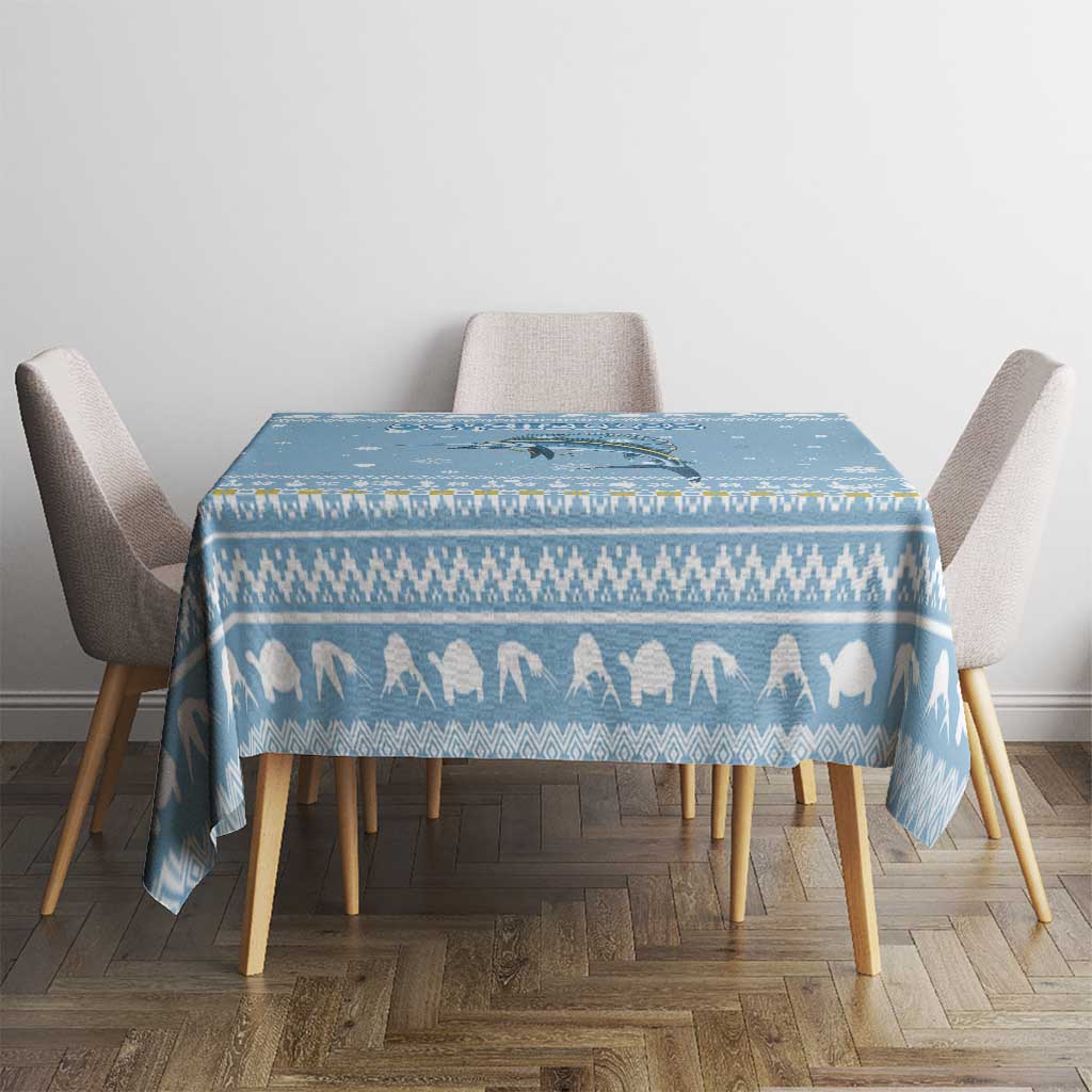 Seychelles Christmas Tablecloth with Ocean Blue Pattern, Marlin Fish Artwork, and Surfing Santa Motif - Wonder Print Shop