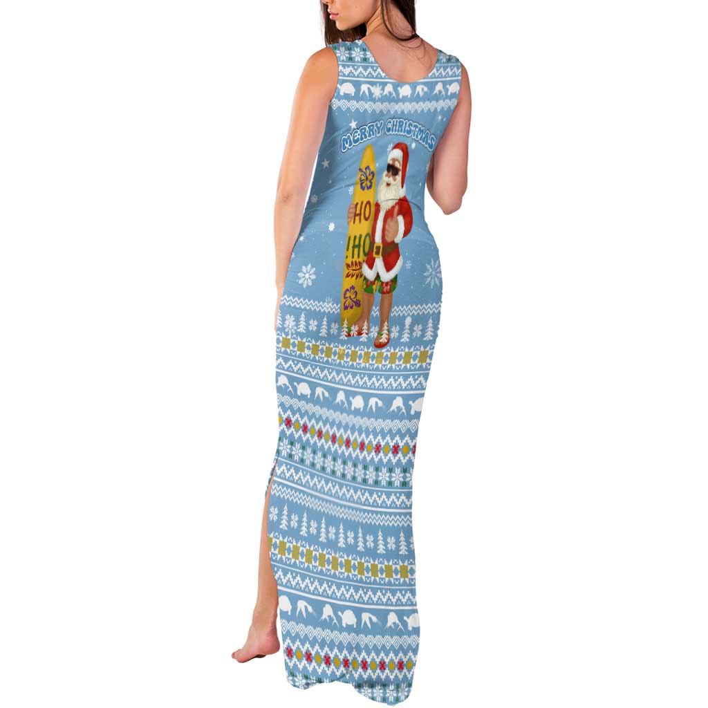 Seychelles Christmas Tank Maxi Dress with Ocean Blue Pattern, Marlin Fish Artwork, and Surfing Santa Motif - Wonder Print Shop