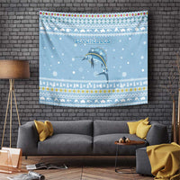 Seychelles Christmas Tapestry with Ocean Blue Pattern, Marlin Fish Artwork, and Surfing Santa Motif - Wonder Print Shop