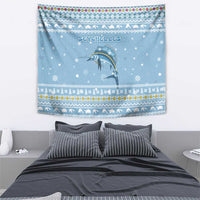 Seychelles Christmas Tapestry with Ocean Blue Pattern, Marlin Fish Artwork, and Surfing Santa Motif - Wonder Print Shop