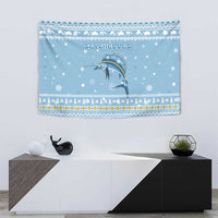 Seychelles Christmas Tapestry with Ocean Blue Pattern, Marlin Fish Artwork, and Surfing Santa Motif - Wonder Print Shop