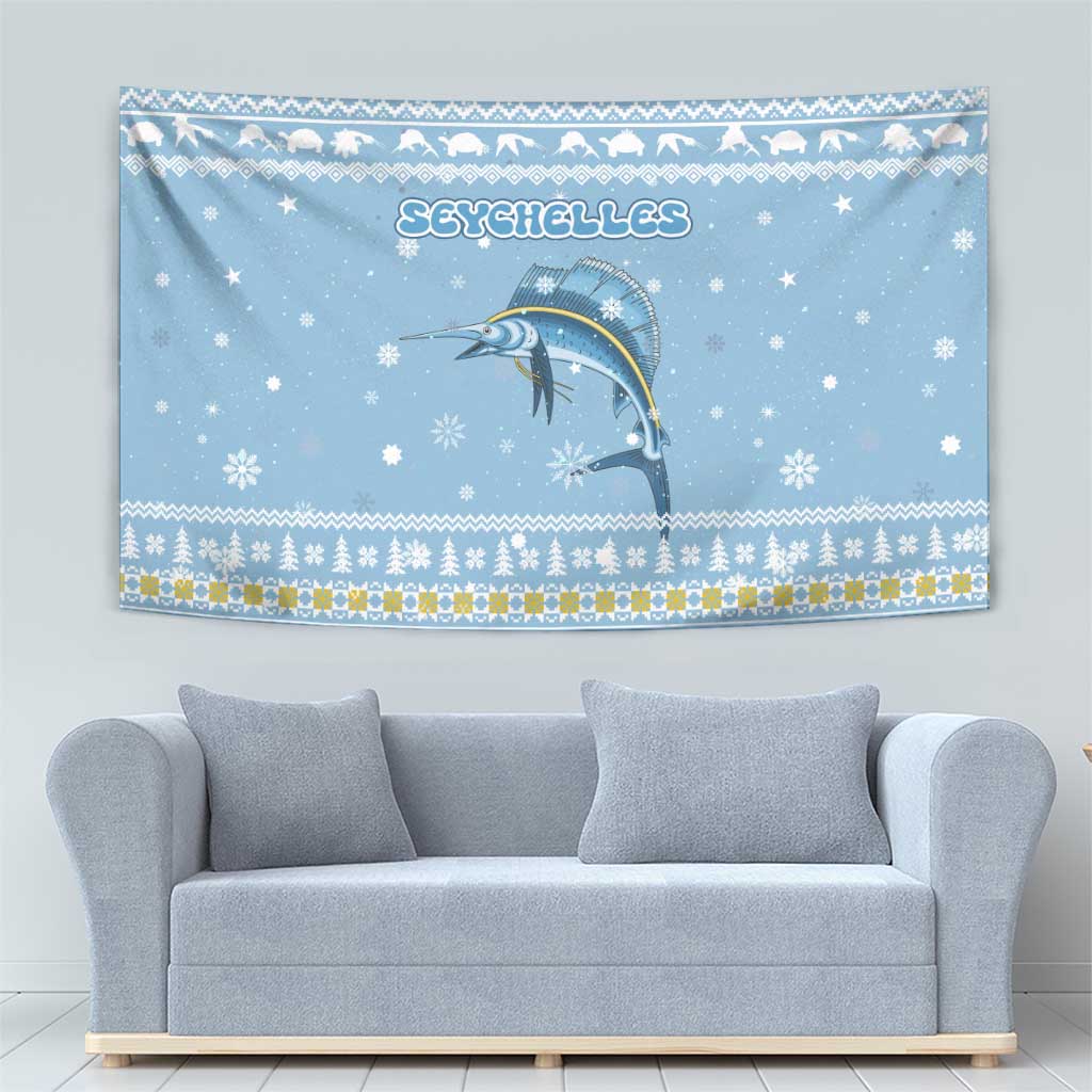 Seychelles Christmas Tapestry with Ocean Blue Pattern, Marlin Fish Artwork, and Surfing Santa Motif - Wonder Print Shop