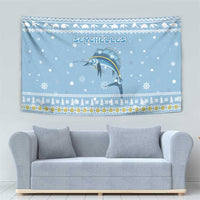 Seychelles Christmas Tapestry with Ocean Blue Pattern, Marlin Fish Artwork, and Surfing Santa Motif - Wonder Print Shop
