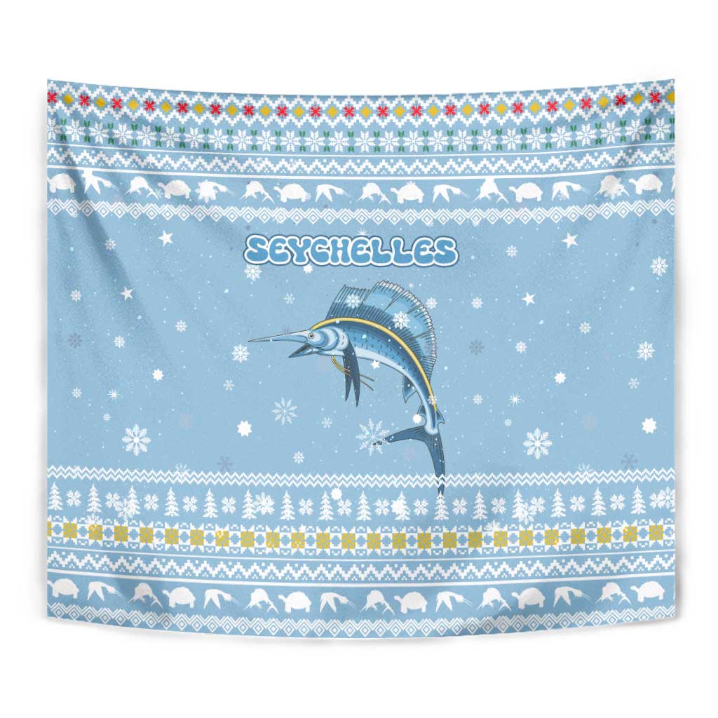 Seychelles Christmas Tapestry with Ocean Blue Pattern, Marlin Fish Artwork, and Surfing Santa Motif - Wonder Print Shop