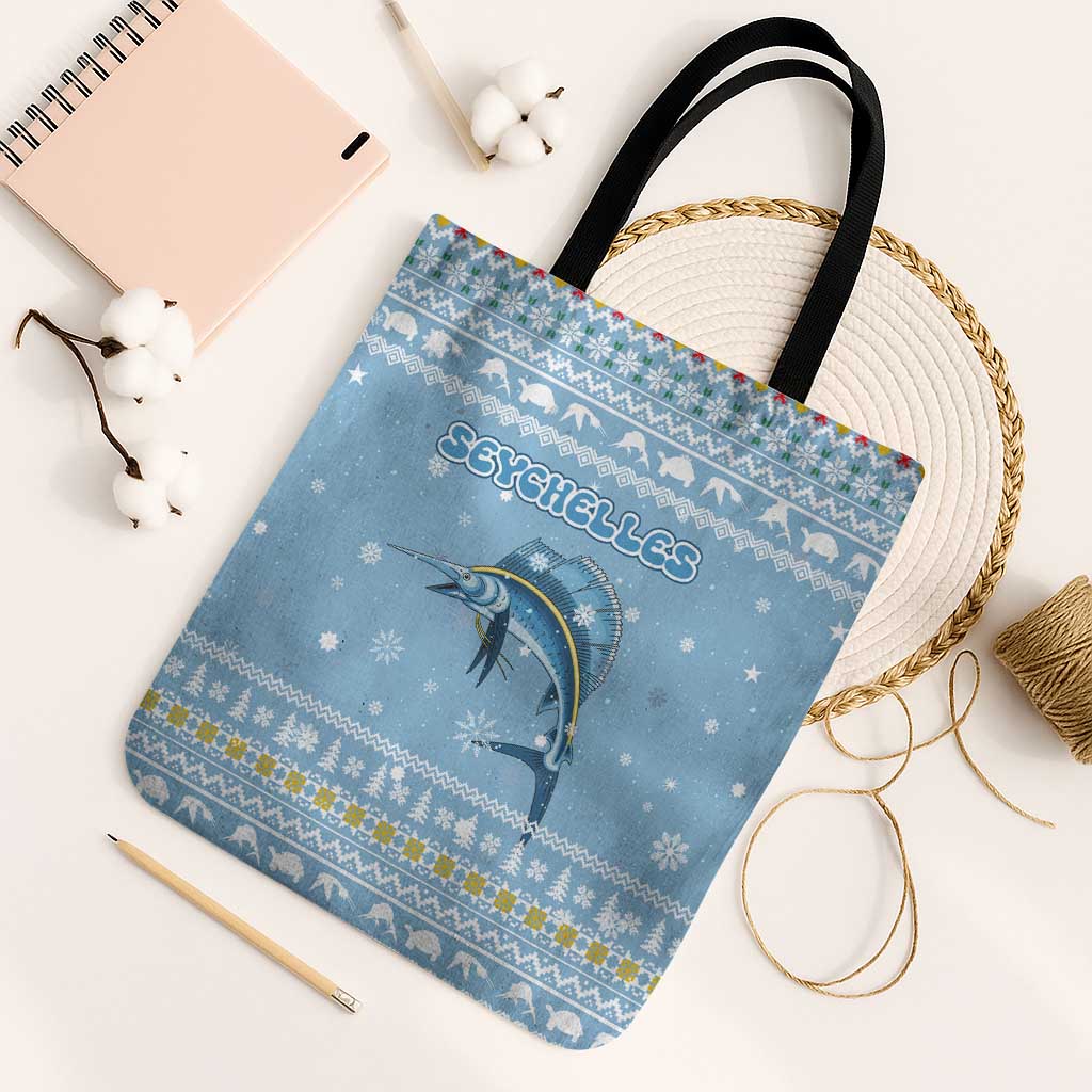 Seychelles Christmas Tote Bag with Ocean Blue Pattern, Marlin Fish Artwork, and Surfing Santa Motif - Wonder Print Shop