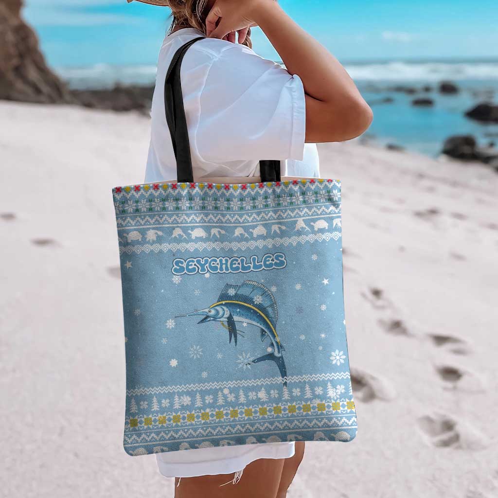 Seychelles Christmas Tote Bag with Ocean Blue Pattern, Marlin Fish Artwork, and Surfing Santa Motif - Wonder Print Shop