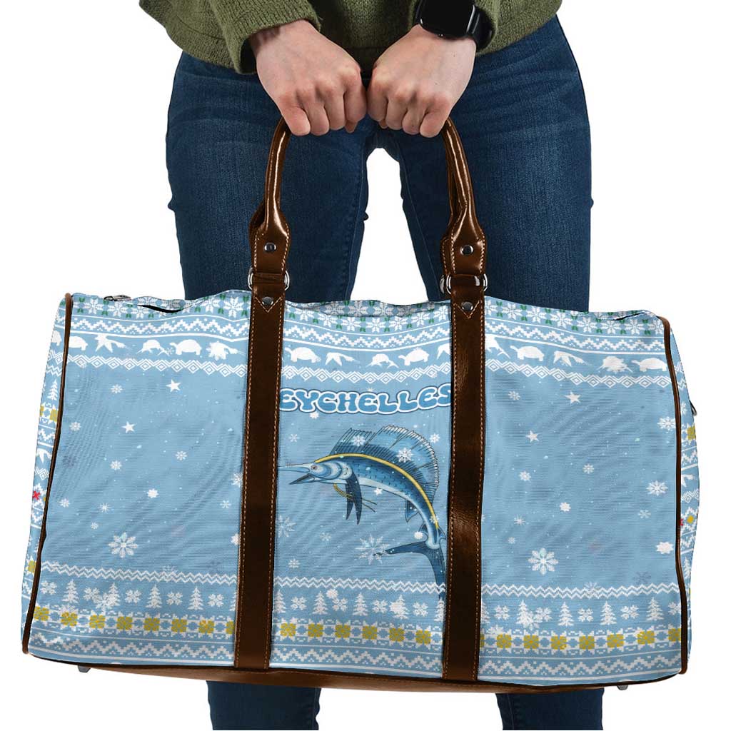 Seychelles Christmas Travel Bag with Ocean Blue Pattern, Marlin Fish Artwork, and Surfing Santa Motif - Wonder Print Shop