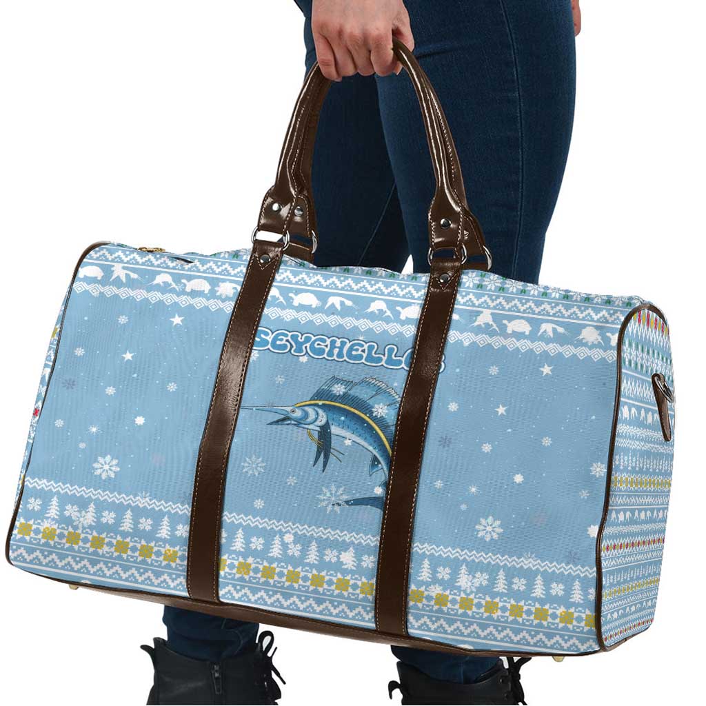 Seychelles Christmas Travel Bag with Ocean Blue Pattern, Marlin Fish Artwork, and Surfing Santa Motif - Wonder Print Shop