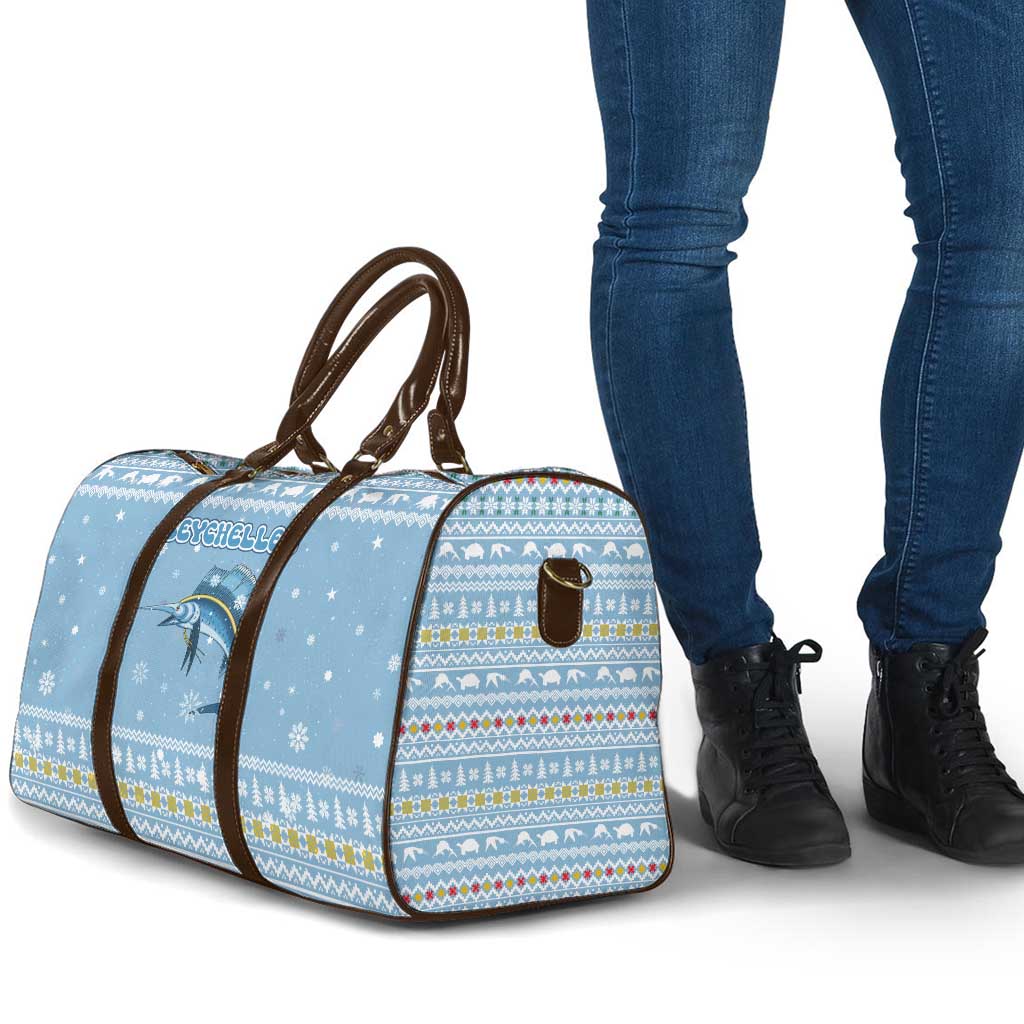 Seychelles Christmas Travel Bag with Ocean Blue Pattern, Marlin Fish Artwork, and Surfing Santa Motif - Wonder Print Shop