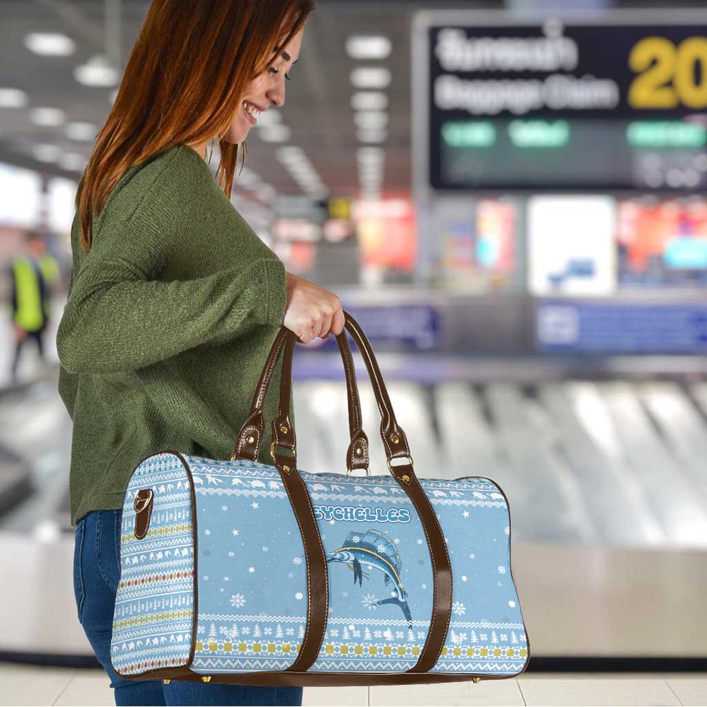 Seychelles Christmas Travel Bag with Ocean Blue Pattern, Marlin Fish Artwork, and Surfing Santa Motif - Wonder Print Shop