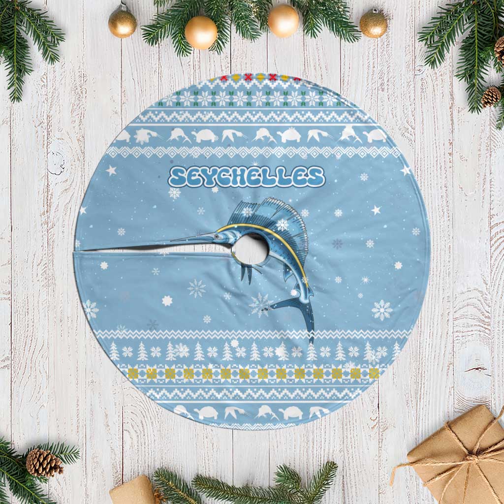 Seychelles Christmas Tree Skirt with Ocean Blue Pattern, Marlin Fish Artwork, and Surfing Santa Motif - Wonder Print Shop
