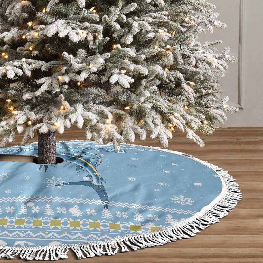 Seychelles Christmas Tree Skirt with Ocean Blue Pattern, Marlin Fish Artwork, and Surfing Santa Motif - Wonder Print Shop